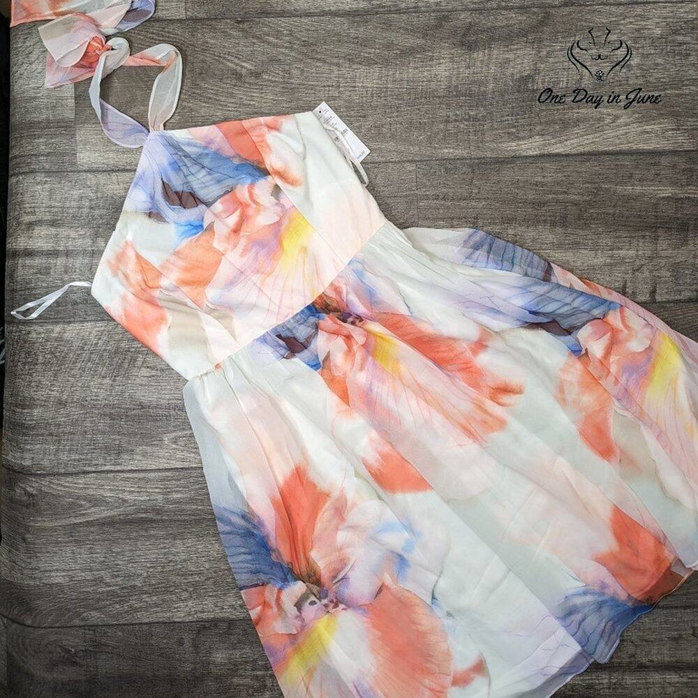 White House Black Market Watercolor Floral Chiffon Halter Dress NWT Size 6